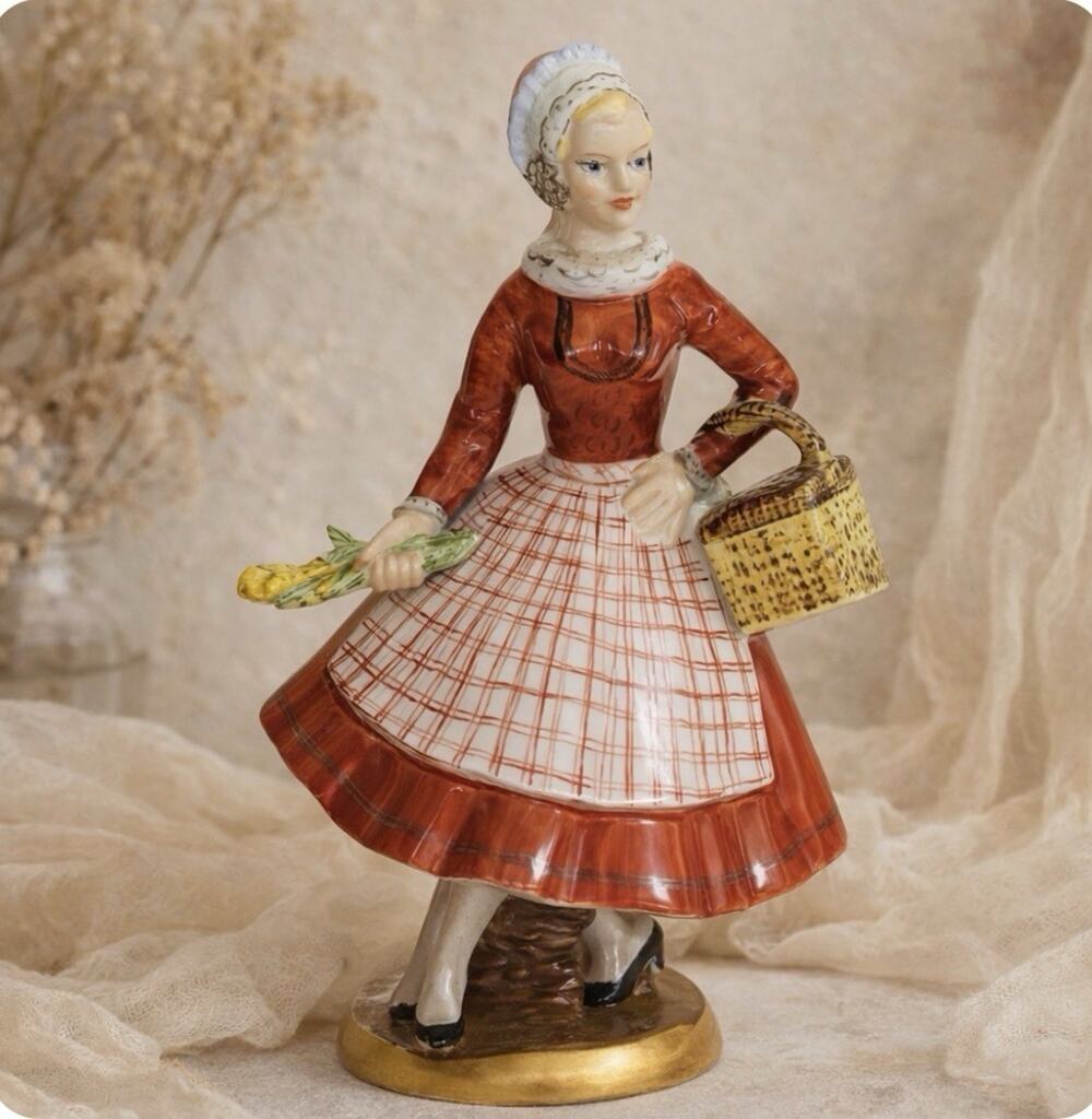 Vintage 1974 FYN Denmark Anne Marie Porcelain Figurine Girl Basket Folk Dress